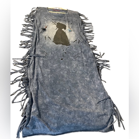 Seven Seventy Limited Edition Indigo Tie Dye Dress with fringed sides. Size L - Picture 2 of 7
